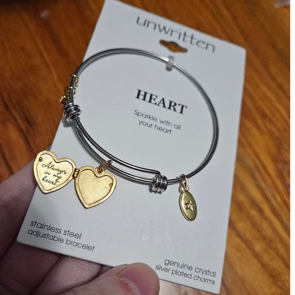 UNWRITTEN Silver Plated Crystal Satin Heart Locket Adjustable Bangle Bracelet - Picture 7 of 9